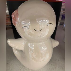 Pink Halloween Ghost Girl w/Pink Flower Ceramic  Figure Holiday Decor NWT